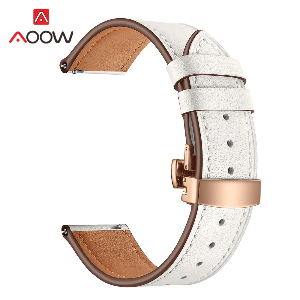 White rose gold 20 мм 22 мм ремешок из натуральной кожи для samsung Galaxy Watch Active 42 мм 46 мм Бабочка Пряжка браслет ремешок аксессуары - Цвет ремешка: White rose gold