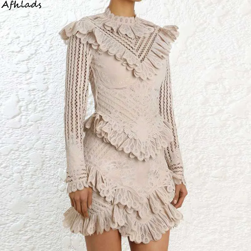 

Ladies hollow out stand collar knit dress autumn and winter elegant long sleeve lace patchwork embroidery goddess vestidos dress