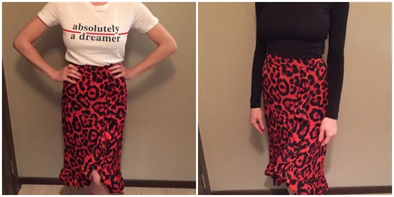 Женская красная леопардовая юбка-карандаш Simplee, привлекательная юбка с завышенной талией и рюшами для девочек, винтажная корейская миди юбка для осени и зимы