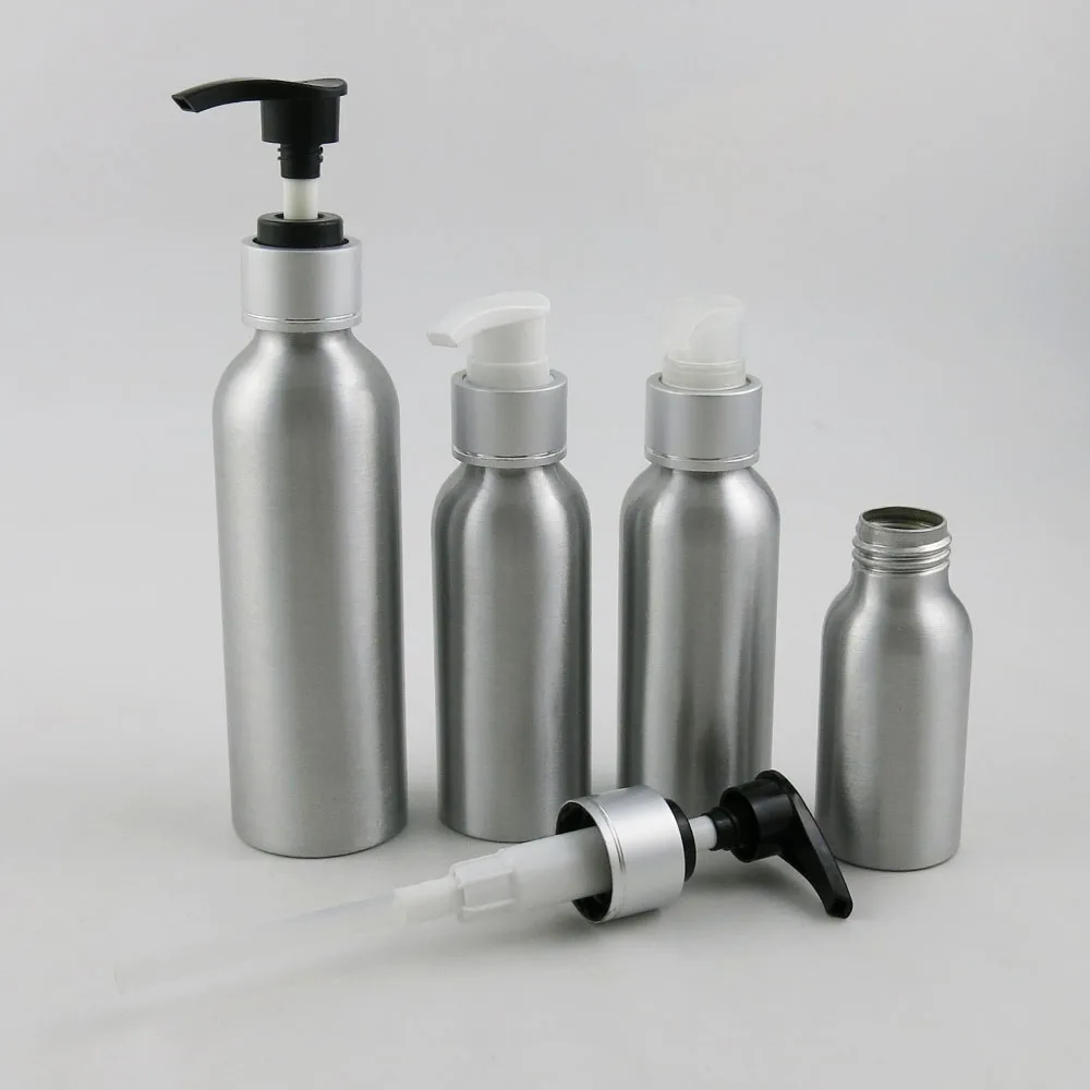 

30 x 30ml 50ml 100ml 120ml 150ml 250ml Aluminum Empty Lotion Pump Bottle Sliver Circle Pressing Watering Can Pot Metal Bottles