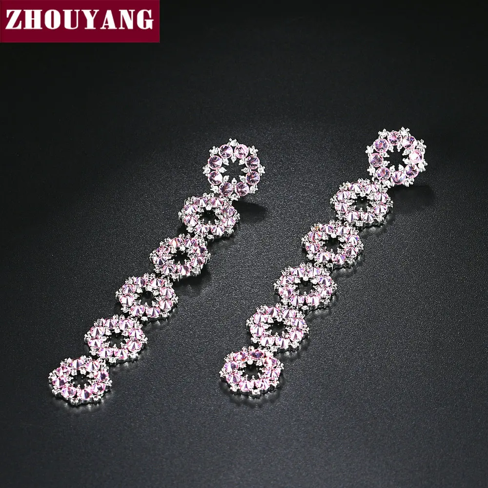 ZHOUYANG Drop Earring For Women Romantic Style Delicate Pink Flower Circle Cubic Zirconia Silver Color Gift Fashion Jewelry E274