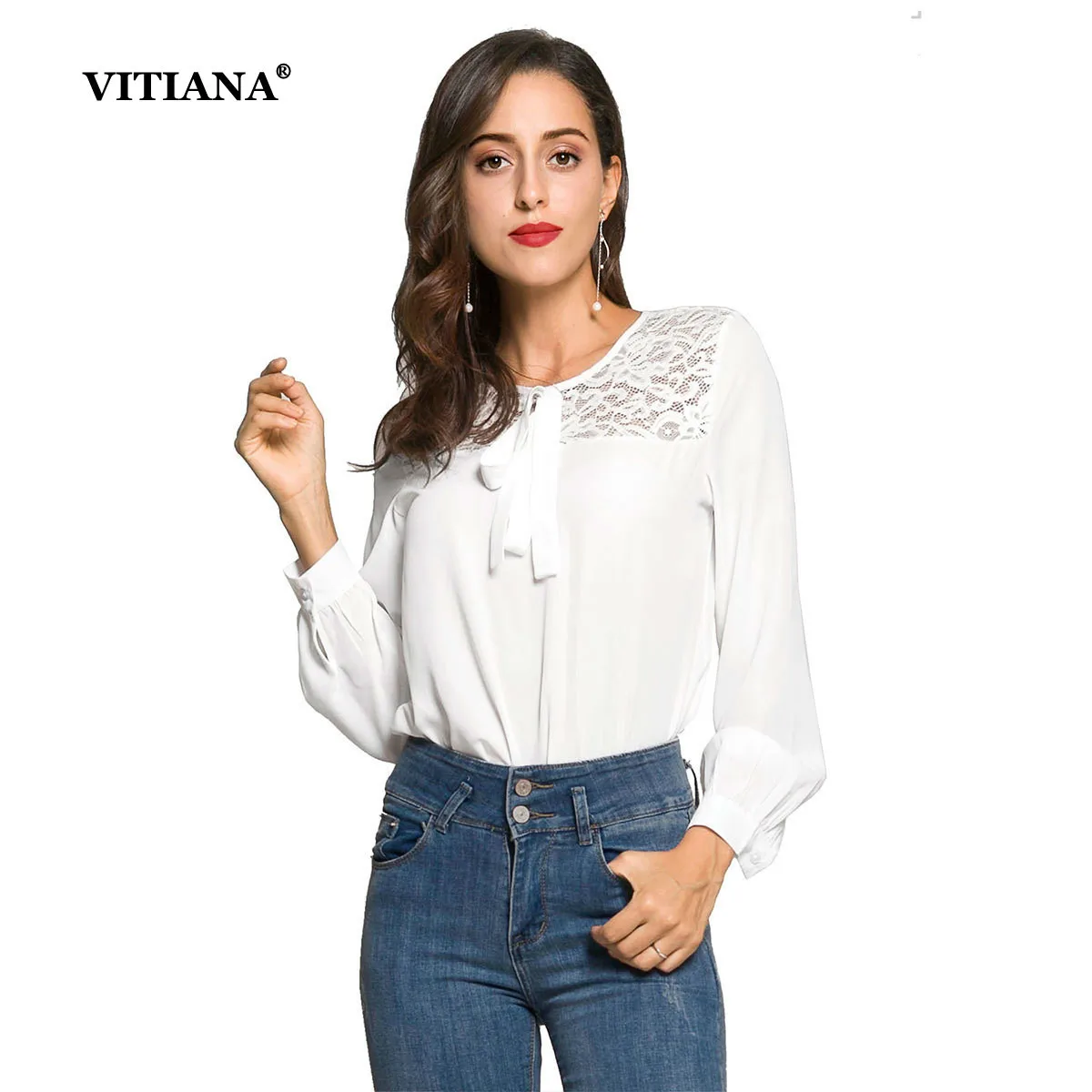 VITIANA Women OL Office Casual Chiffon Blouse Shirt Female 2018 Summer White Long Sleeve Lace Patchwork Elegant Streetwear Tops Blouses