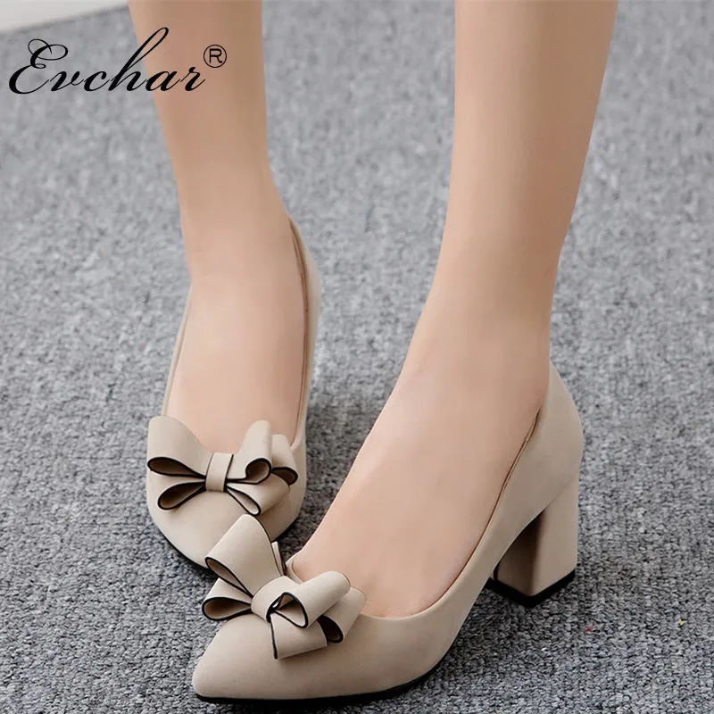 

EVCHAR High Heel Shoes Women pointed Toe Thick Heel butterfly-knot Pumps Daily Sweet wedding office shoes big Size 30-47