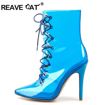 

REAVECAT New Transparent PVC Summer ankle Boots Pointed toe Clear heels Thin High heel Party booties Spring Lace Up botas mujer