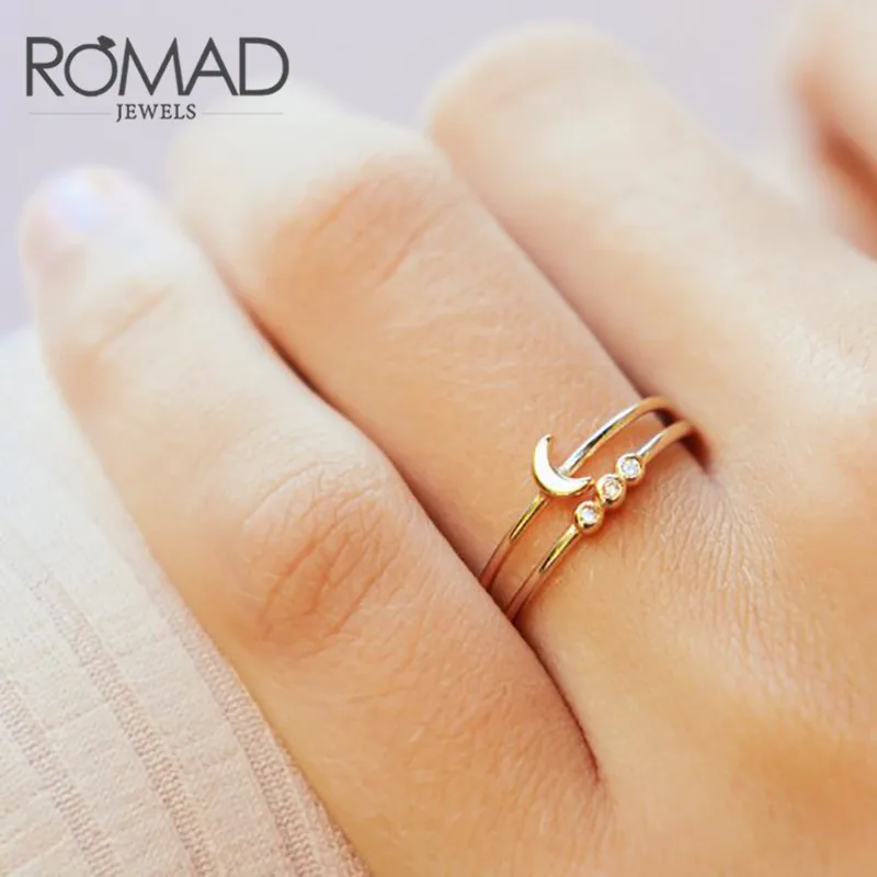 

ROMAD 2Pcs/set Bohemia Retro Crystal Moon Simple Punk Personality Gold color Ring Women Wedding Party Rings Anniversary Gift R4