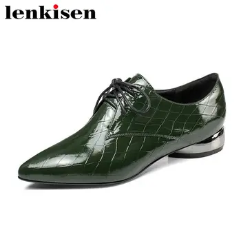 

Lenkisen british style lace up solid pointed toe low heels genuine leather vintage all-match women plus size concise pumps L31