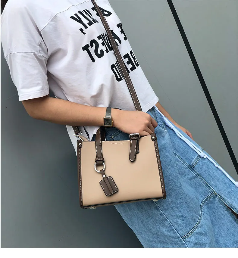 Color Blocking Daily Purse OL Business Tote Bag Genuine Leather Women's Shoulder Bag Small Top-handle Handbag