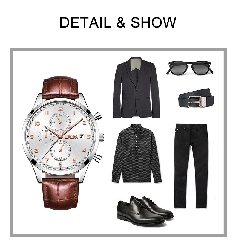 DOM мужские спортивные часы, черные Топ брендовые Роскошные наручные часы из натуральной кожи, мужские часы, модные наручные часы с