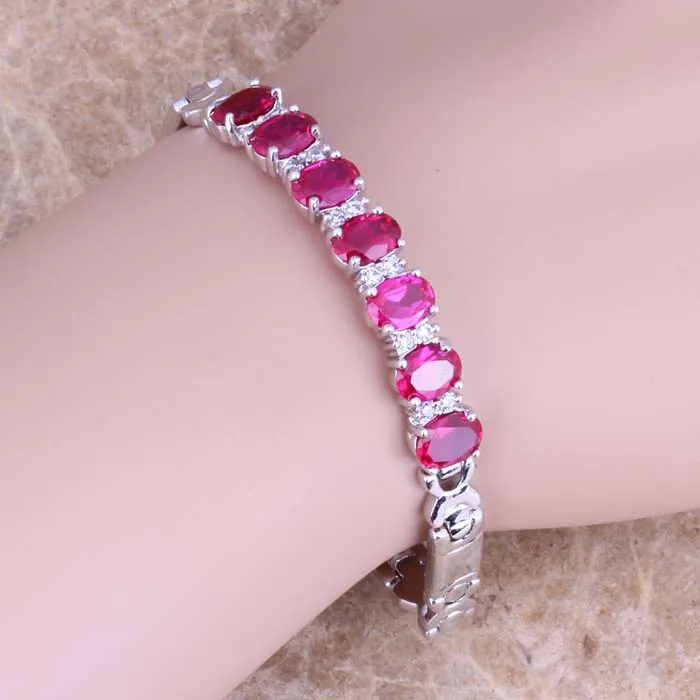 

Shiny Red Cubic Zirconia White CZ 925 Sterling Silver For Women Link Chain Bracelet 7 inch S0513