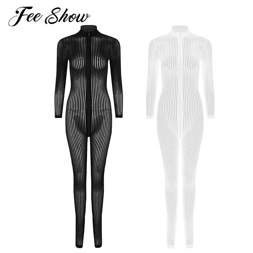 

Womens Sexy Open Crotch One-piece Leotards Jumpsuits Perspective Sexy Zipper Long Sleeves See Through Catsuit Bodysuits Clubwear