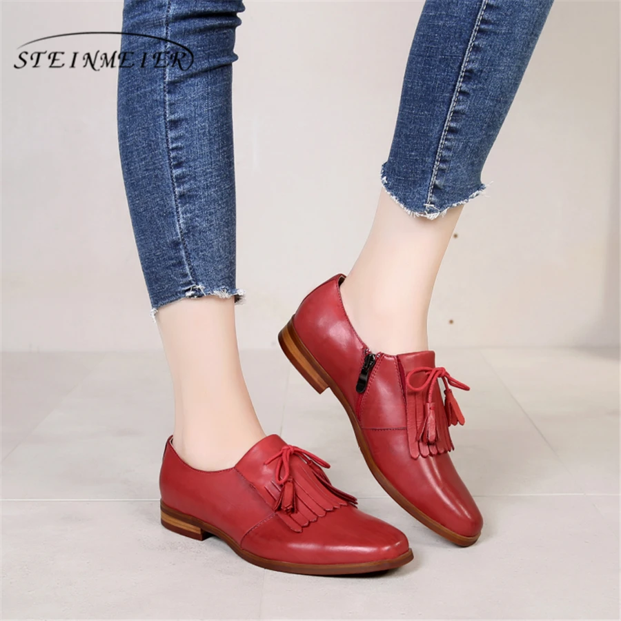 

Genuine leather woman size 9 designer yinzo vintage flat shoes square toe handmade brown beige red oxford shoes for women 2018