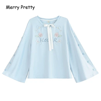 

MERRY PRETTY Women Rose Floral Embroidery Hoodies 2018 Autumn Long Sleeve Neckline Lace Up Pullovers For Femme Sweet Sweatshirts