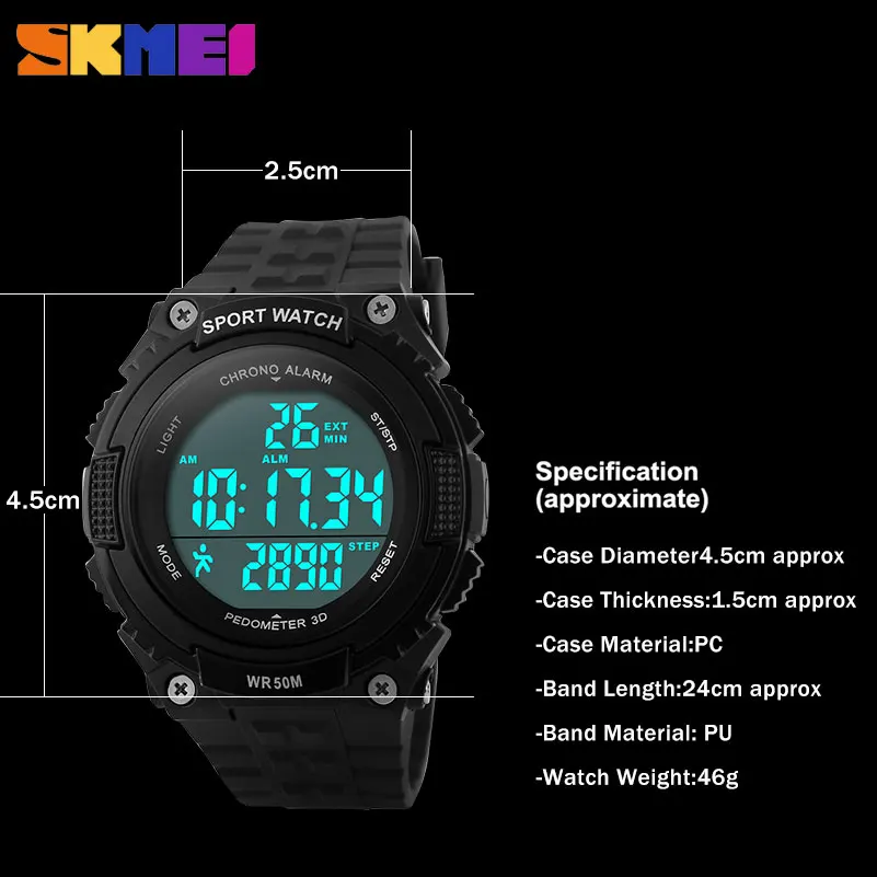 SKMEI шагомер цифровые часы Для мужчин спортивные Running S Водонепроницаемый Военная