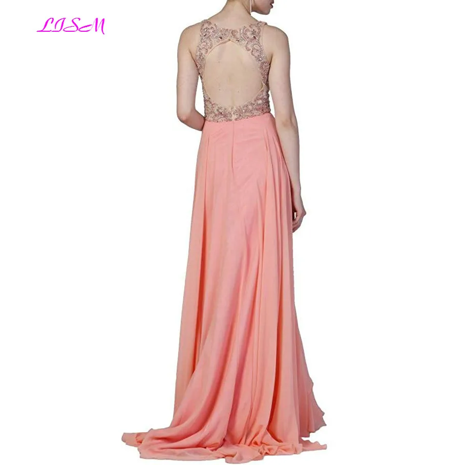 Персиково-розовые шифоновые длинные платья для выпускного бала с бусинами длиной до пола женственные вечерние платья с открытой спиной с рюшами, вечернее платье