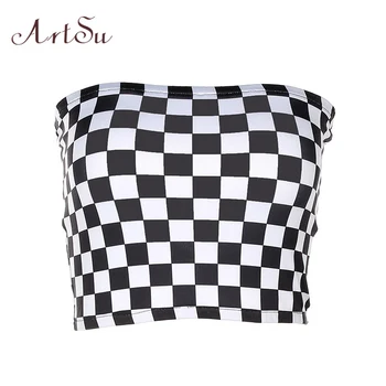 

ArtSu Black White Plaid Women Crop Top Strapless Tank Top Off Shoulder Sleeveless Summer Sexy Tops Casual Camisole ASVE20071