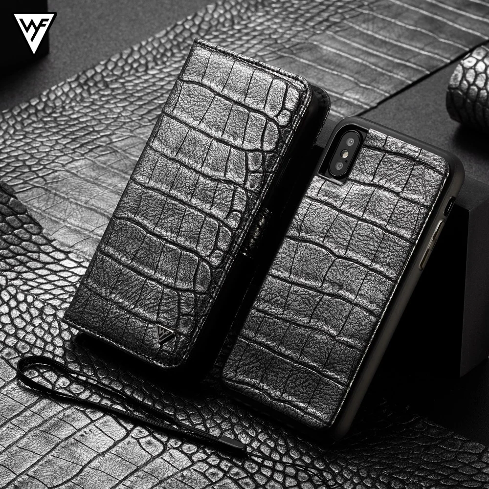 

WHATIF for Iphone XR XS Max Crocodile Cowhide Genuine Leather 2 in 1 Back Case for Iphone 7 8 Plus X Real Leather Wallet Fundas