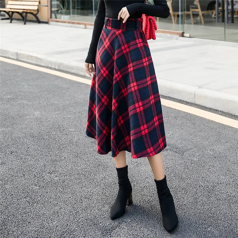 

Womens High Elastic Waist Skirt A-line Plaid Winter Warm Flare Long Skirts Womens Elegant Ladies Skirt #F#40NV29