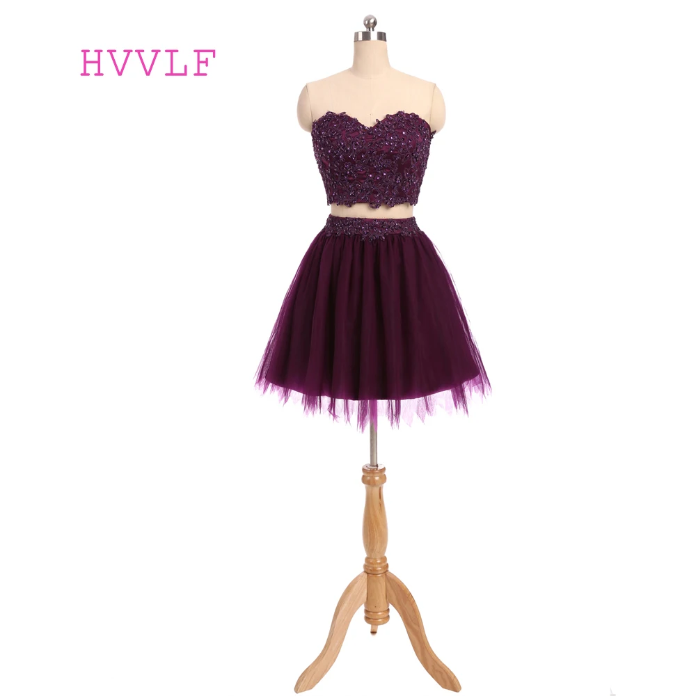 

Purple 2019 Homecoming Dresses A-line Sweetheart Short Mini Two Pieces Tulle Beaded Lace Sparkly Cocktail Dresses