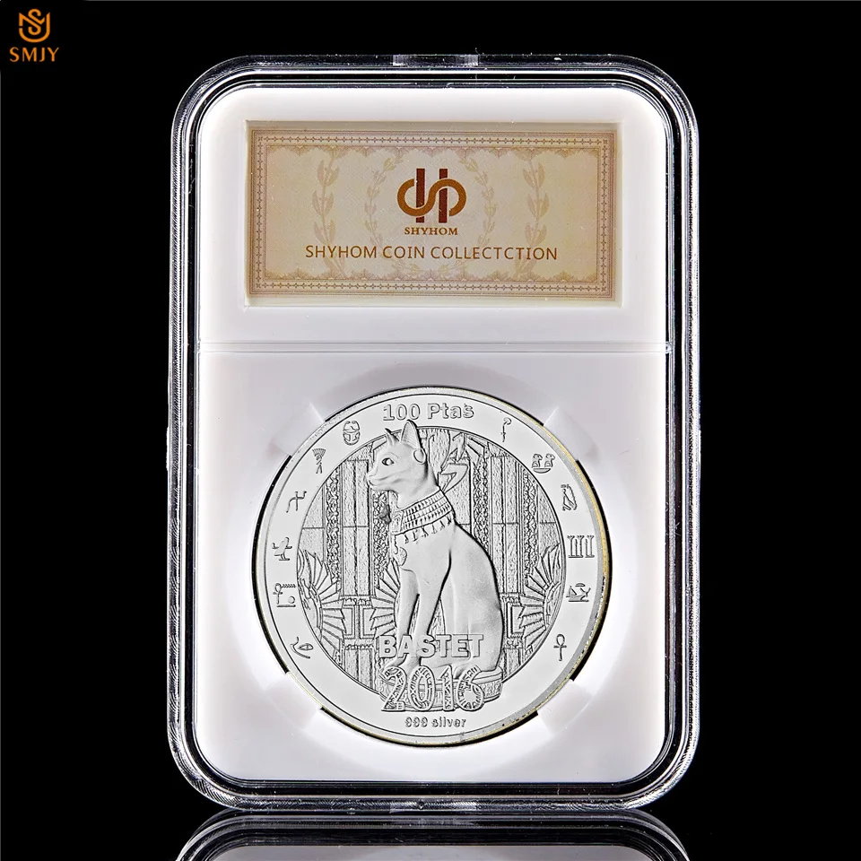 

2016 Western Sahara Baste 100 Ptas Cat Silver Plated Ancient Egyptian Animal Souvenir Coin Value W/PCCB Luxury Box Display