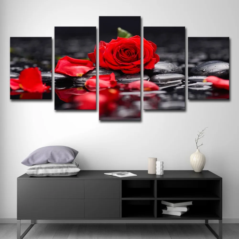 5P0155 Canvas Paintings Home Decor Living Room Wall Art 5 Pieces Red Rose Flowers Pictures Modular Prints Stone Petal Poster Framework (15) 