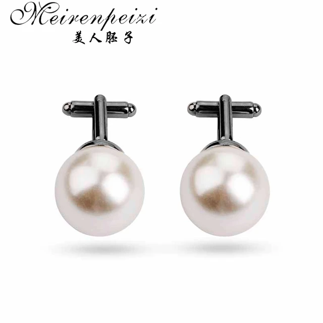 Vintage Beads Cufflinks for Men Women Round White Imitation Pearl Cuff Link Business Suit Cuff Buttons Wedding Party Gift as photo