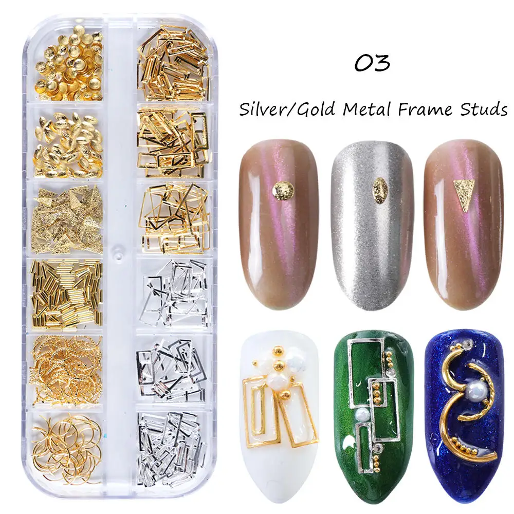 1 чехол для украшения ногтей из золотого и серебряного сплава, металлическая Геометрическая рамка с заклепками, бусины для дизайна ногтей, подвески, аксессуары для 3D маникюра, LA772-1