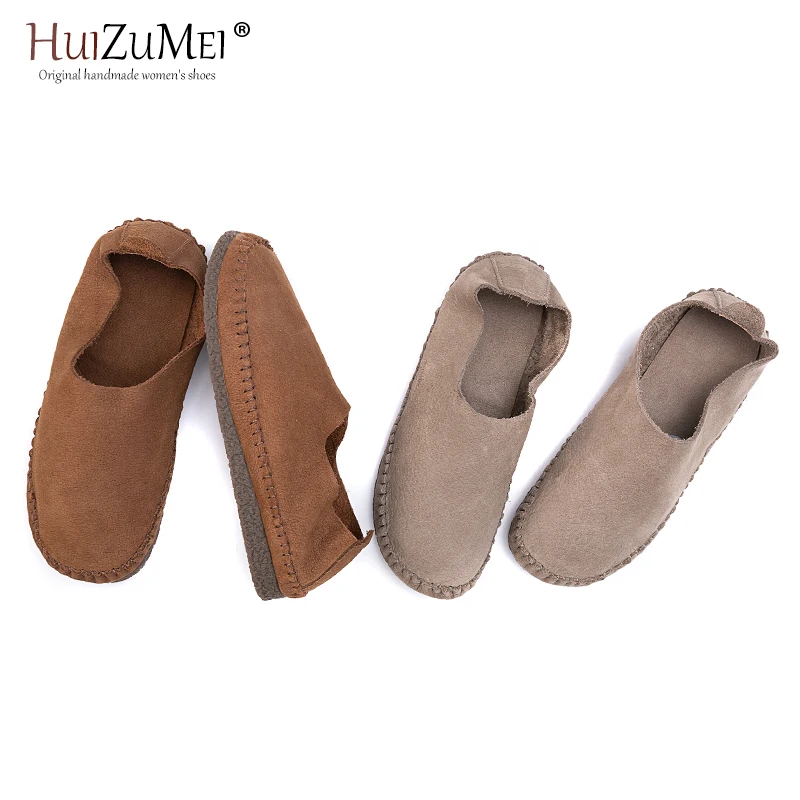 

HUIZUMEI Latest Christmas Gift Women's Flats Slip-on 2019 Retro Casual Fashion Genuine Leather Low Heels Shallow Shoes