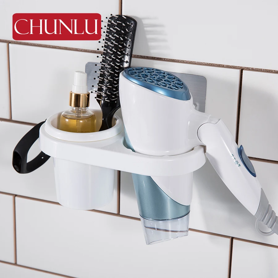 CHUNLU Multi function Bathroom Hair Dryer Hairdryer Holder Wall Mounted Rack Space Shelf Storage
