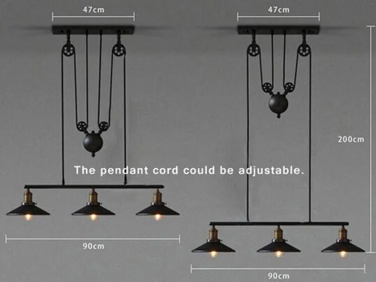 3 головки освещения Ретро Железный шкив подвесные светильники лофт американский Винтаж промышленный ролик веревка антикварные подвесные лампы Эдисона