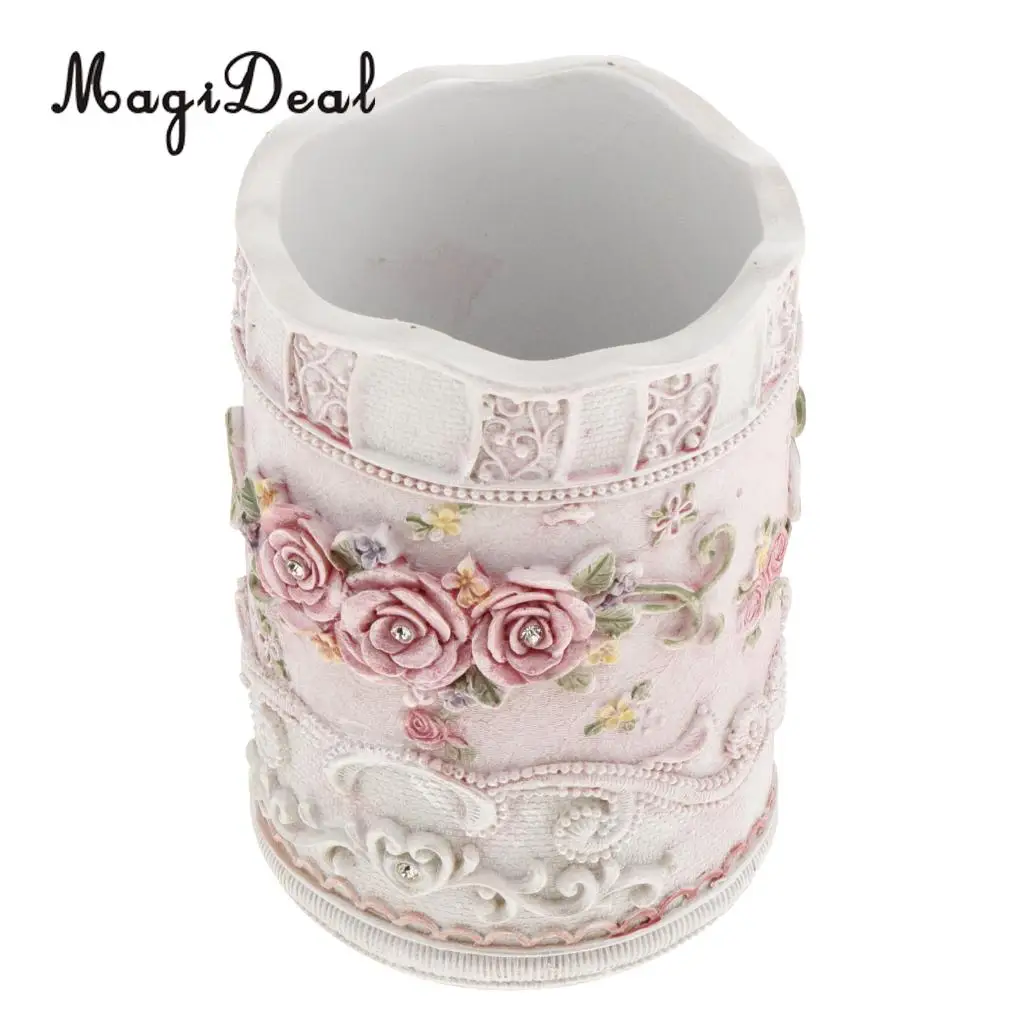 

Retro Pink Rose Flower Carved Pen Holder Pot Makeup Brush Holder Home Decor