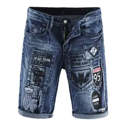 Тан 2019 модная мужская джинсовая шорты с вышивкой лоскутные джинсы летние хлопчатобумажные шорты прямое длины до колена шорты для мужчин