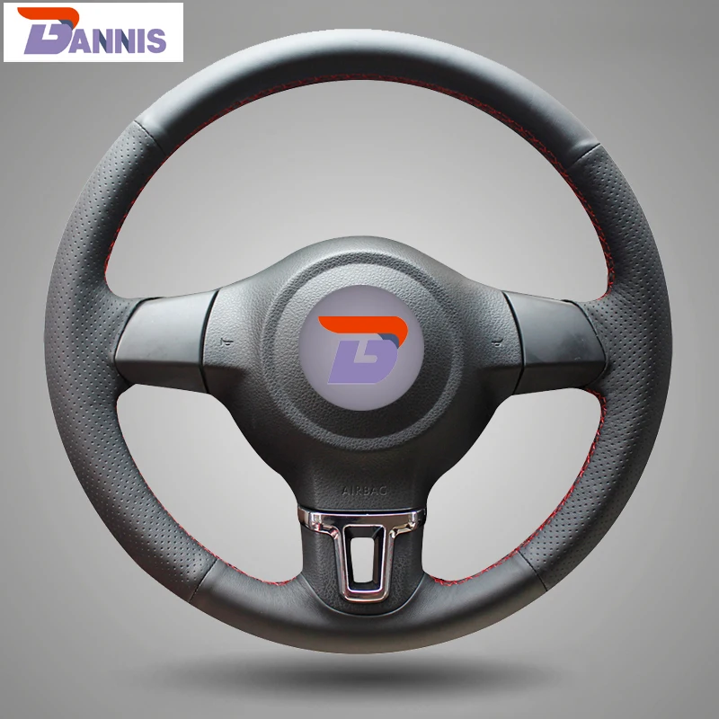 Black Artificial Leather DIY Hand stitched Steering Wheel Cover for Volkswagen Golf 6 Mk6 VW Polo