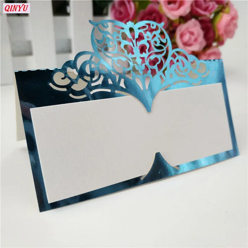 100 stks Seat card Laser Gesneden brumiloft Decoratie Tafel Card Naam Plaats Card brumiloft Decoratie Gunst 5Z SH871 - Цвет: Bright Blue