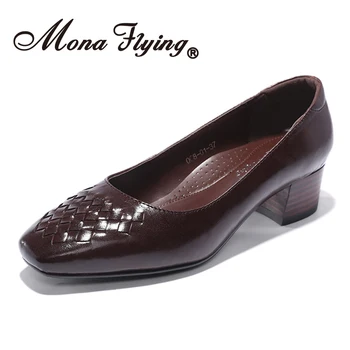 

Mona Flying Women Leather Hand-made Causal Comfort Pumps Square Toe Slip-on High Heel Med Heels for Women Ladies 008-01
