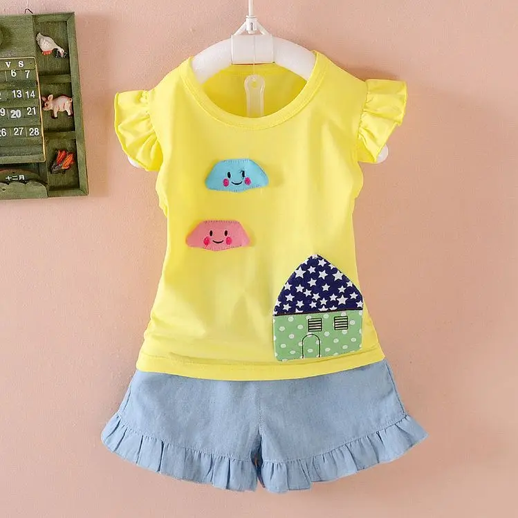

2016 New Children girls clothing set with house print  O-neck collar sleeveless for 1-3 years old baby sets  A004
