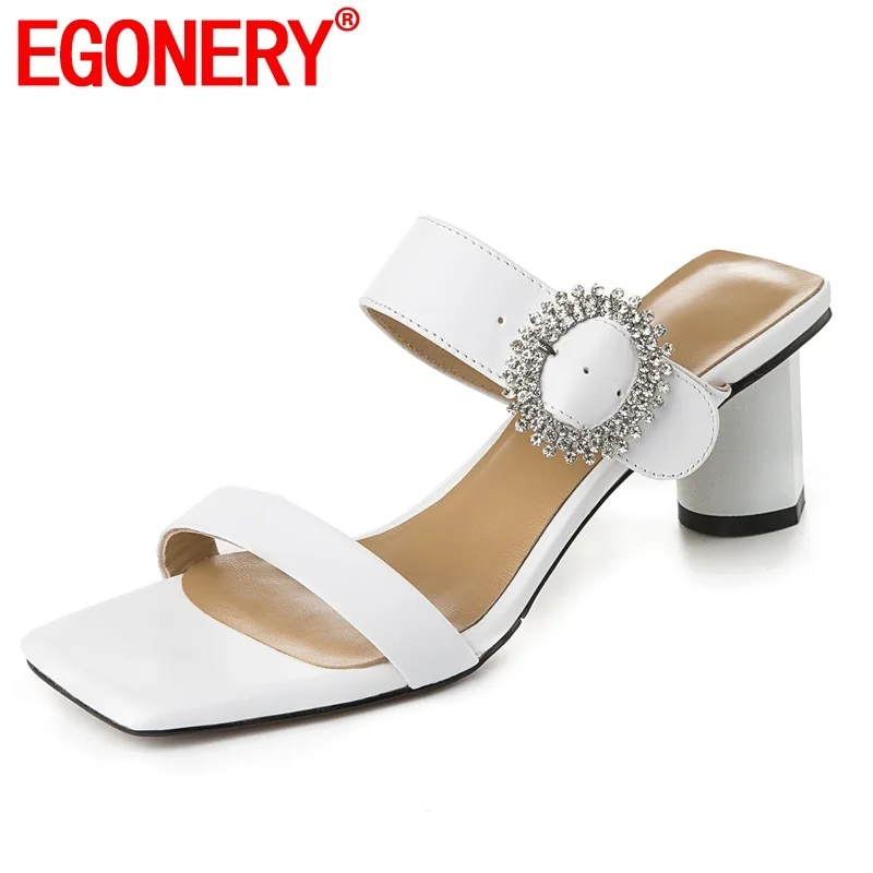 

EGONERY shoes woman 2019 summer new fashion sexy handmade genuine leather woman slippers outside high strange syle crystal shoes