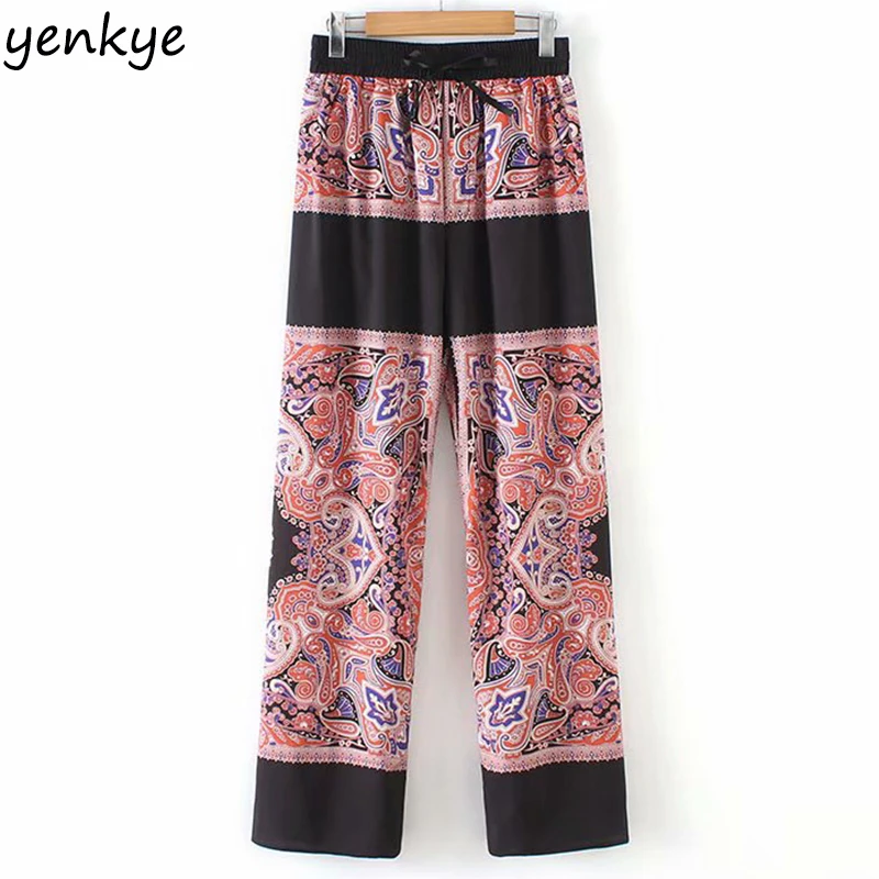 

2019 Women Vintage Printed Pants Female Drawstring Elastic High Waist Casual Loose Summer Trousers pantalon femme XZWM19016