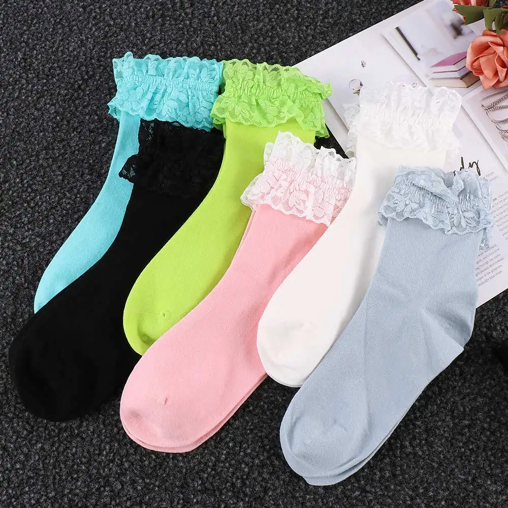 

New Arrival Ladies Fashion Vintage Lace Ruffle Frilly Ankle Socks Princess Girl Solid Color Cotton Socks