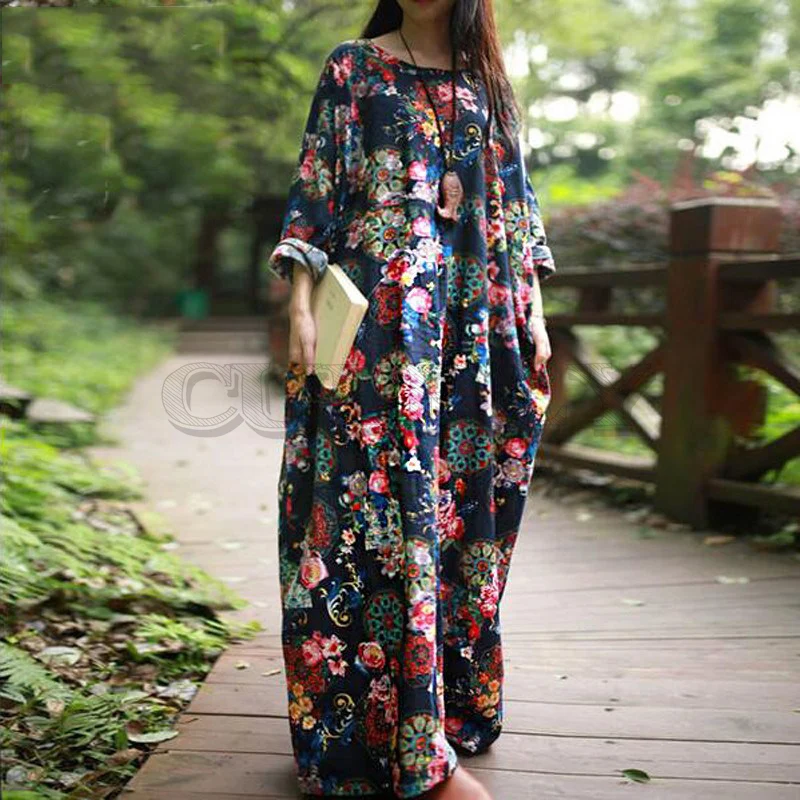 

New 2019 clothes Women dresses Autumn Casual loose Long Sleeve Floral dresses boho style Cotton linen Long Maxi Dress CUERLY