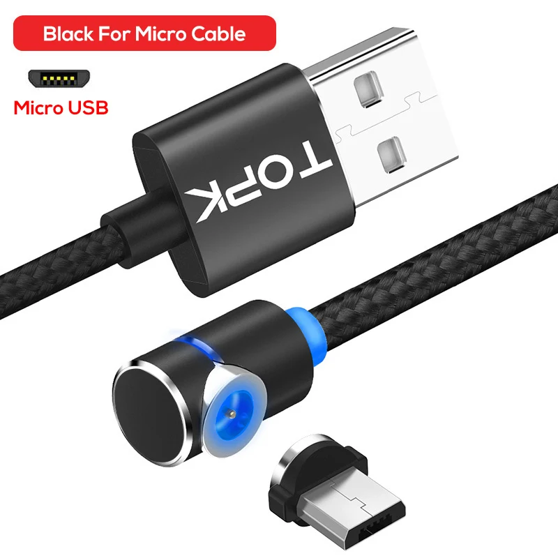 TOPK L-Line 1 м 2 м 90 градусов L Тип Магнитный кабель Micro USB кабель и usb type C светодиодный магнитный Кабель зарядного устройства для iPhone X 8 7 6 - Цвет: For Micro Cable