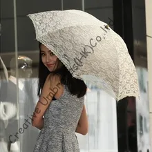 Бежевый двойной Вышивка кружевной ткани, солнцезащитный крем, UPF> 50+, зонтик, 8 К ребра, руководство ветрозащитный, Pricess солнца, вишня, деревянная ручка