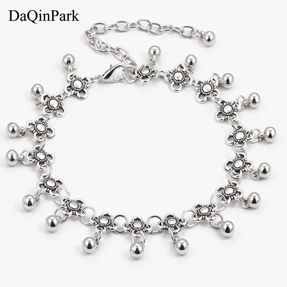 

Bohemia Anklets Hollow Carved Clover Anklet Water Drop Tassel Bell Ankle Bracelet Plated Silver Anklets for Women Indian Anklet
