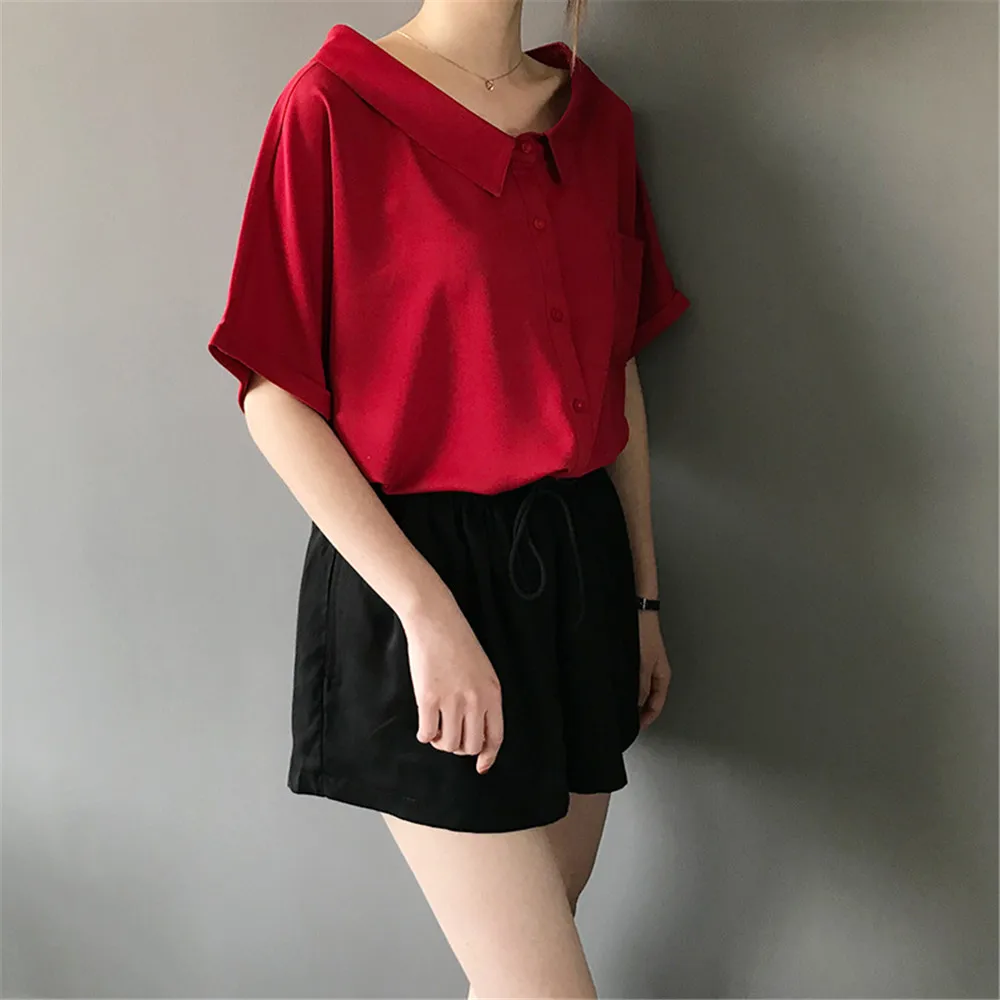 High quality Red Chiffon Wide neck Loose Shirt Office Top 2018 Working Women Blouse Shirt Half Loose Sleeve Summer Elegant top (16)