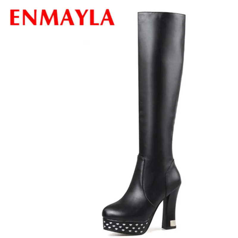 ENMAYLA/Сапоги до колена женские сапоги на платформе черного и белого цвета модные женские зимние сапоги обувь на высоком каблуке, стразы