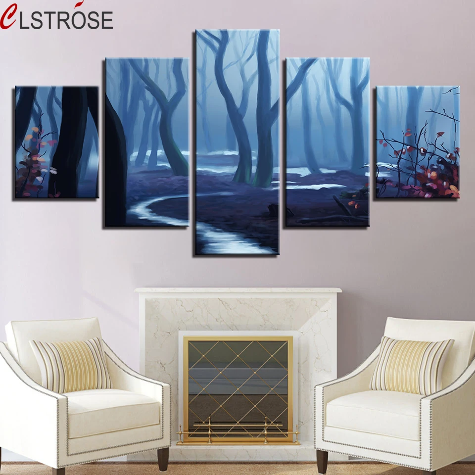 

CLSTROSE Modular Canvas Wall Art HD Prints Pictures Home Decor 5 Pieces Foggy Forest Landscape Poster Abstract Trees Painting