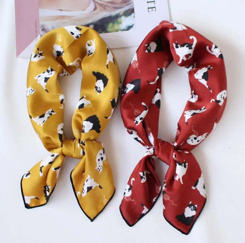 yishine 20pc Mix Colors Multifunction Cute Cats Animals Printed Women's Satin Square Wraps