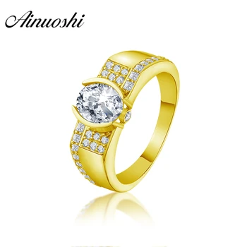 

AINUOSHI Luxury 14K Solid Yellow Gold Men Band 2CT Oval Cut Geometric Ring Engagement Wedding Male Jewelry Wide Wedding Ring