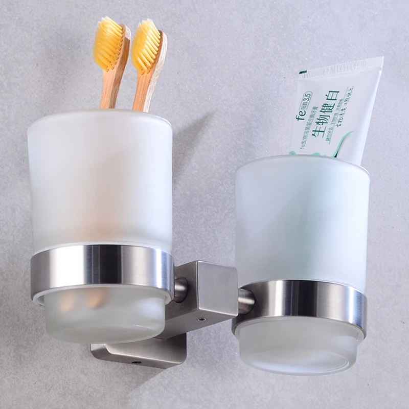 Toothbrush Holder Cup Stainless Steel 2 Glass Cup Tumbler Holders Set Wall Mounted Toothpaste Storage Rack Bathroom Accessories Toothbrush Holder Cup Stainless Steel 2 Glass Cup Tumbler Holders Set Wall Mounted Toothpaste Storage Rack Bathroom Accessories