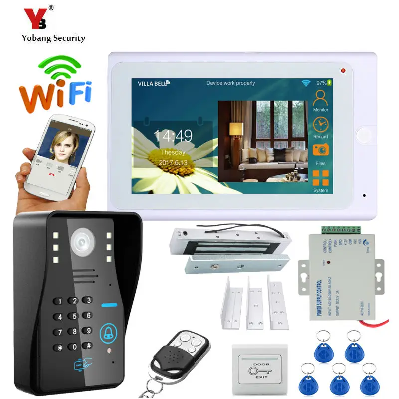 

Yobang Security 7 inch Wired / Wireless Wifi RFID Password Video Door Phone Doorbell Intercom System with Electric Lock 180KG
