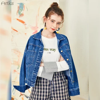 

ARTKA 2019 Spring New Casual Washed Denim Jacket For Women Exquisite Embroidery Hooded Short Coat Female Clothes WN10186Q